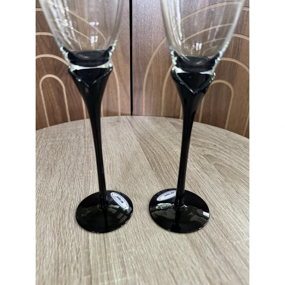 Pier 1 Black Stem - Clear Bowl - Fluted Champagne Flutes Set of 2